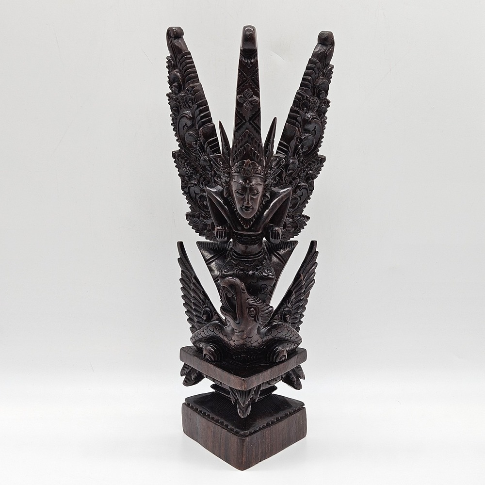 VTG Vishnu Riding Garuda Hindu Wood Carved Statue Deity God Bali Indonesia 11"